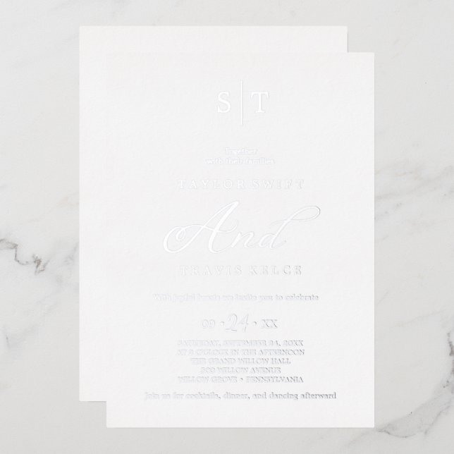 Romantic Silver Foil Calligraphy Monogram Wedding  Invitation (Front/Back)
