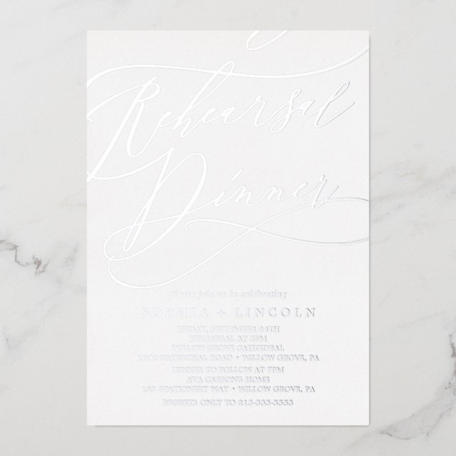 Romantic Silver Foil Calligraphy Rehearsal Dinner Invitation (Front)