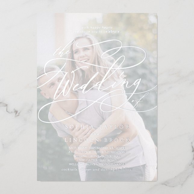 Romantic | Silver Foil Faded Photo Wedding Invitation (Front)