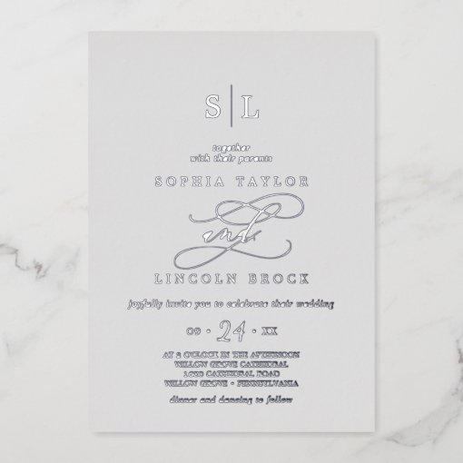 Romantic Silver Foil Gray Monogram Wedding Foil Invitation | Zazzle