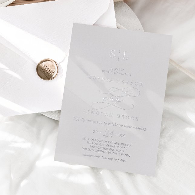 Romantic Silver Foil Gray Monogram Wedding Foil Invitation (Creator Uploaded)