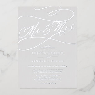 Romantic Silver Foil Gray Mr & Mrs Wedding Invitation