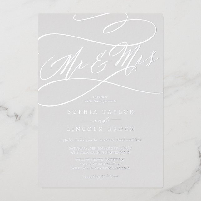 Romantic Silver Foil Gray Mr & Mrs Wedding Invitation (Front)