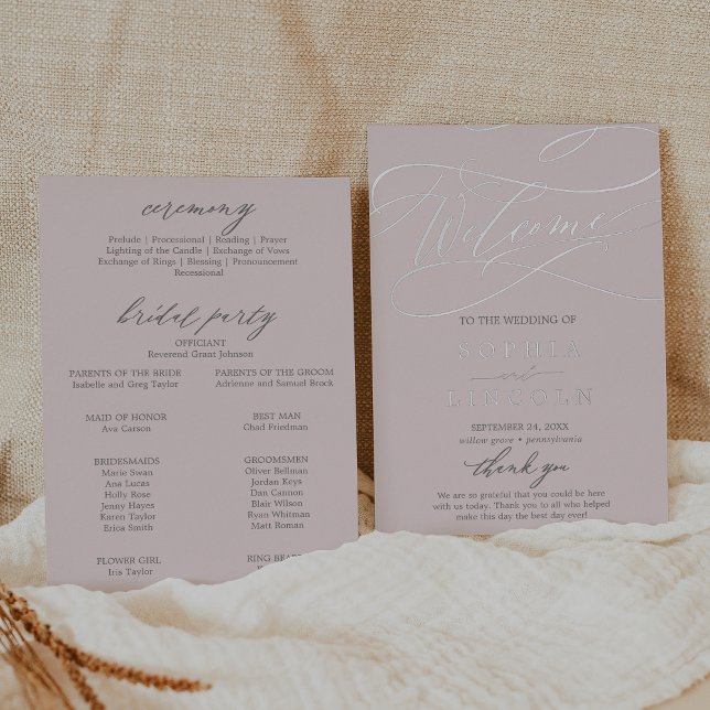 Romantic Silver Foil Gray Pink Wedding Program (Romantic Silver Foil Gray Pink Wedding Program)