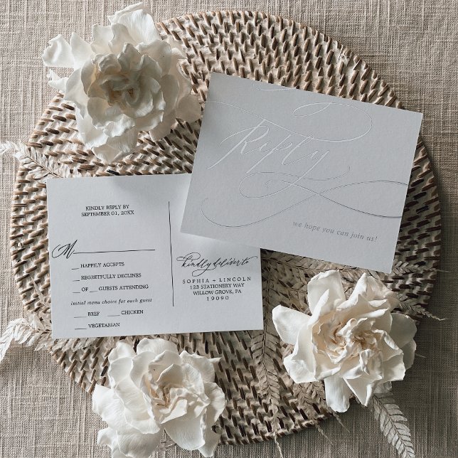 Romantic Silver Foil Gray Wedding Meal Option RSVP Invitation Postcard (Creator Uploaded)