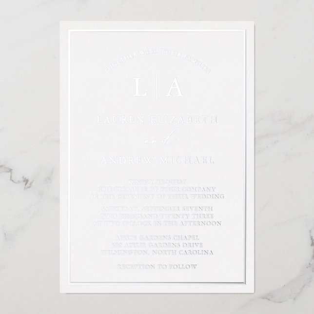Romantic Silver Foil Monogram Border Wedding Invitation (Front)