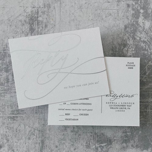 Romantic Silver Foil Wedding Meal Option RSVP Foil Invitation Postcard