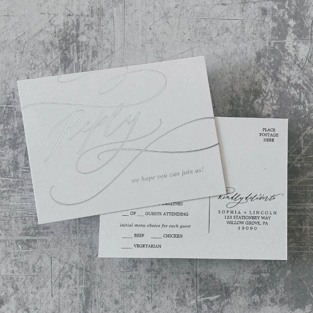 Romantic Silver Foil Wedding Meal Option RSVP Invitation Postcard (Romantic Silver Foil Wedding Meal Option RSVP Foil Invitation Postcard)