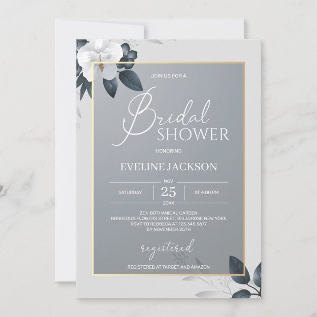 Romantic silver grey white floral bridal shower invitation (Front)