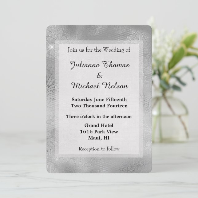 Romantic Silver Lace Wedding Invitation (Standing Front)