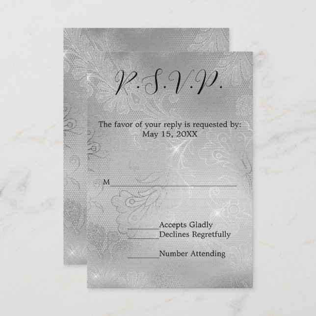 Romantic Silver Lace Wedding RSVP (Front/Back)