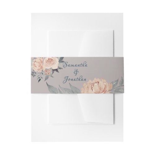 Romantic Silver Pink Coral Floral Wedding Invitation Belly Band