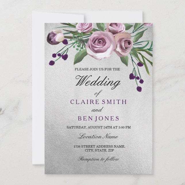Romantic Silver Purple Rose Floral Wedding Invite (Front)