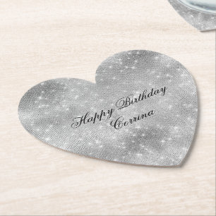 Romantic Silver Sparkle Glitzy Birthday Paper Coaster