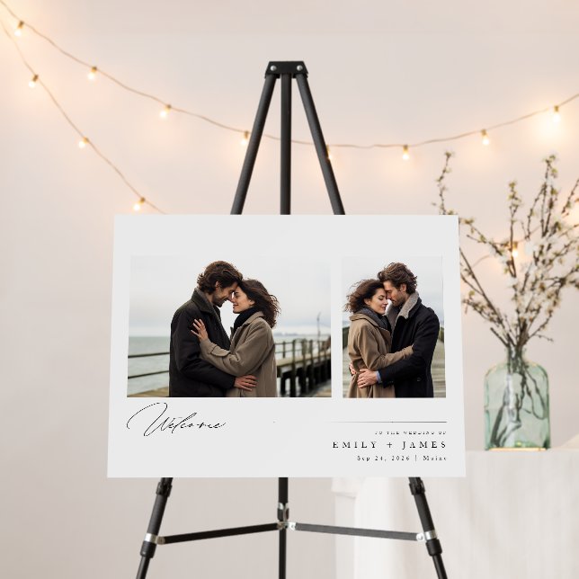 Romantic Simple 2 Photo Wedding Welcome Sign (In Situ (Stand))