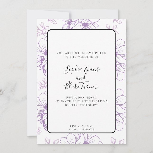 Romantic Simple Purple Line Drawn Flowers Wedding Invitation (Front)