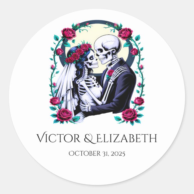 Romantic Skeleton Bride and Groom Wedding Classic Round Sticker (Front)