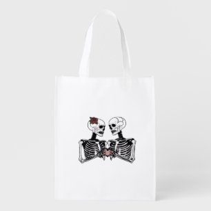 Romantic Skeleton Couple Gothic With Heart Hands Grocery Bag