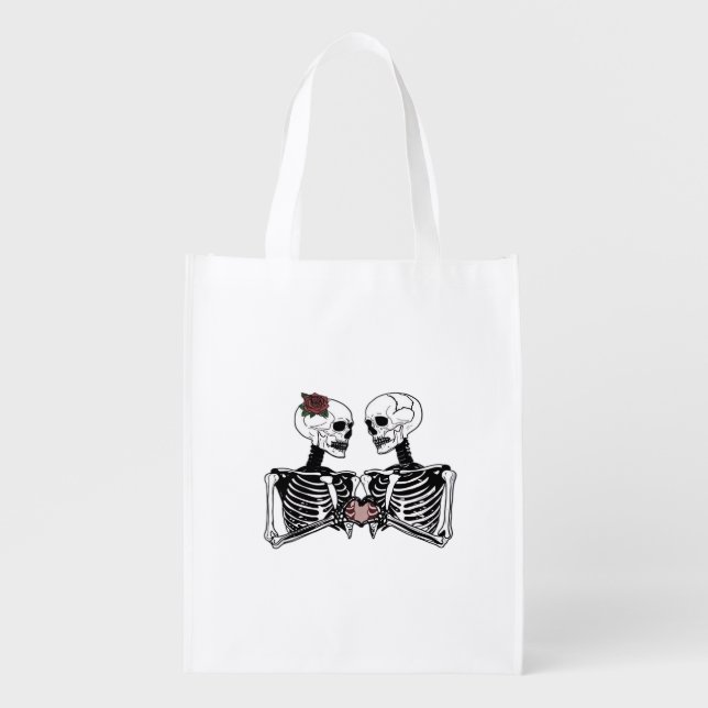 Romantic Skeleton Couple Gothic With Heart Hands Grocery Bag (Front)