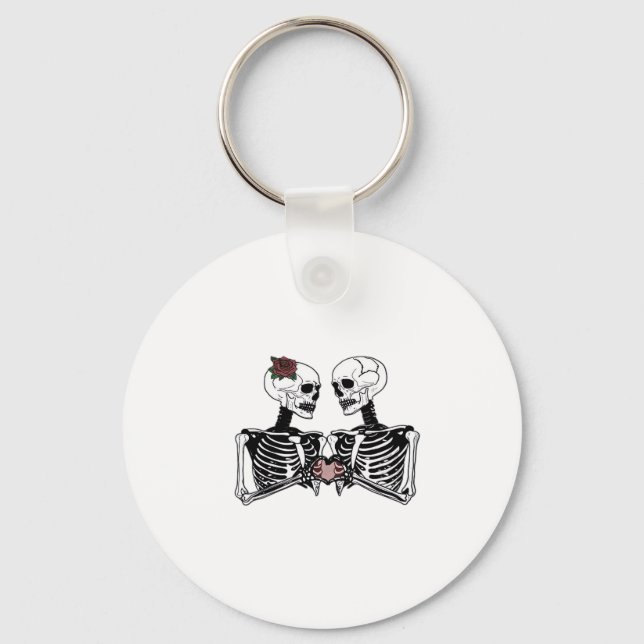Romantic Skeleton Couple Gothic With Heart Hands Keychain (Front)