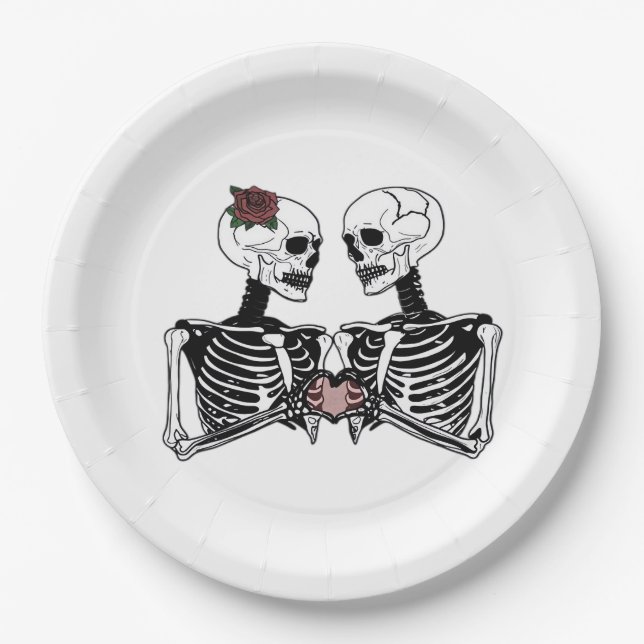 Romantic Skeleton Couple – Gothic With Heart Hands Paper Plates (Front)
