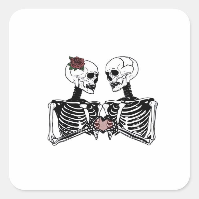 Romantic Skeleton Couple Gothic With Heart Hands Square Sticker (Front)