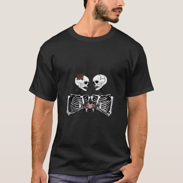 Romantic Skeleton Couple Gothic With Heart Hands T-Shirt (Front)