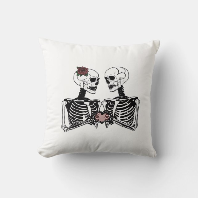 Romantic Skeleton Couple Gothic With Heart Hands Throw Pillow (Front)