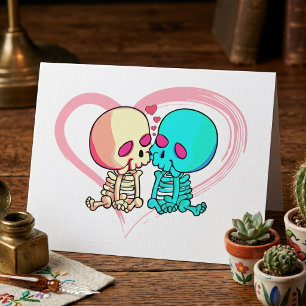Romantic Skeleton Couple Kissing in Pink Heart Letterpress Thank You Card
