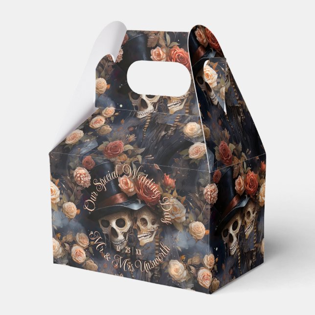 Romantic Skeletons Kissing Gothic Skulls Wedding Favor Boxes (Front Side)