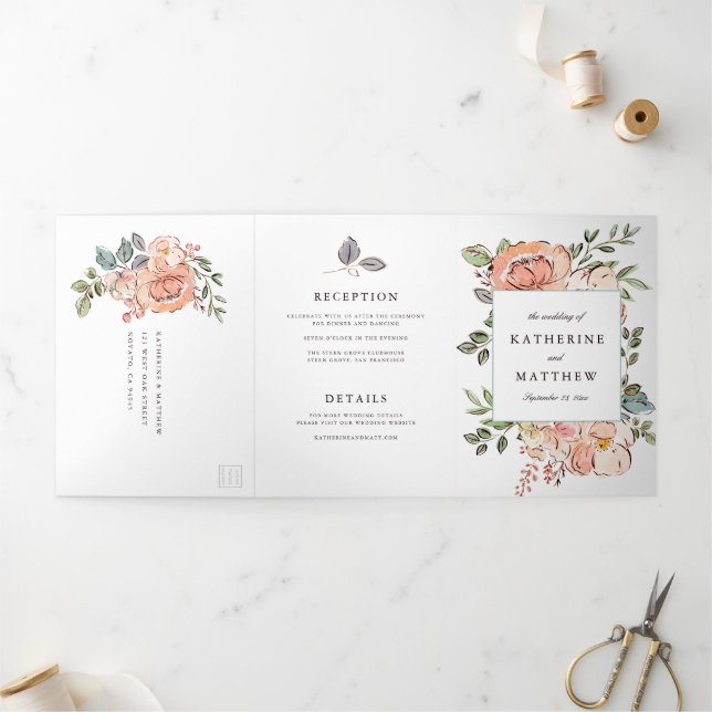 Romantic Sketchbook Florals All-In-One Wedding Tri-Fold Invitation (Outside)