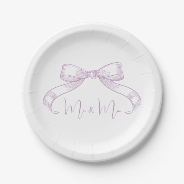 Romantic Sketched Bow l Lilac Mr. & Mrs. Wedding Paper Plates (Front)