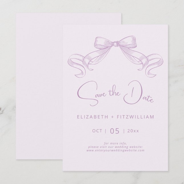 Romantic Sketched Bow | Lilac Background  Save The Date (Front/Back)