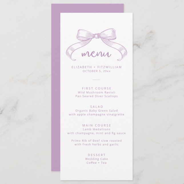 Romantic Sketched Bow | Lilac Background Wedding   Menu (Front/Back)