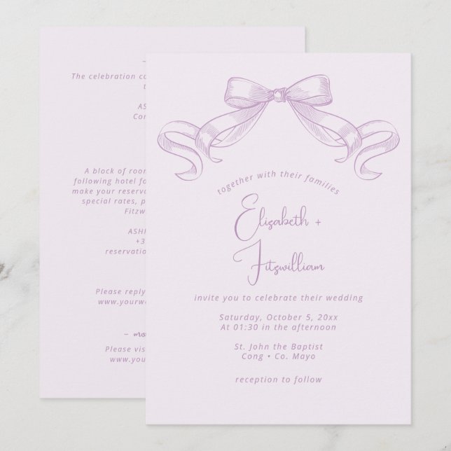 Romantic Sketched Bow | Lilac Front + Back Wedding Invitation (Front/Back)