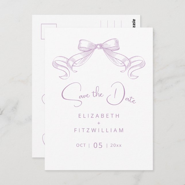 Romantic Sketched Bow | Lilac Save The Date Postcard (Front/Back)