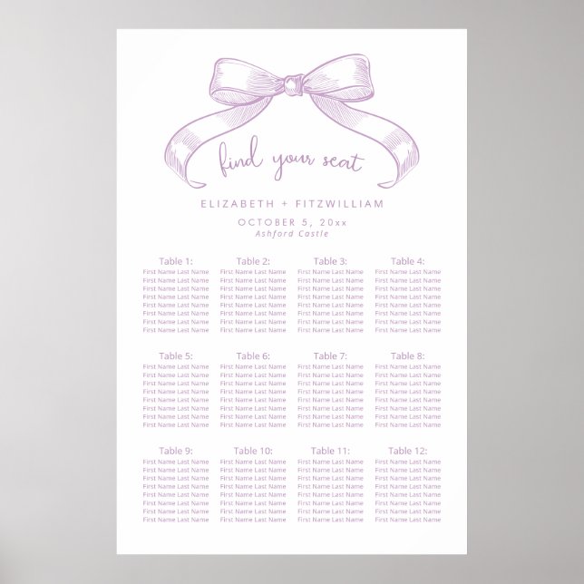 Romantic Sketched Bow | Lilac Seating Chart Poster (Front)