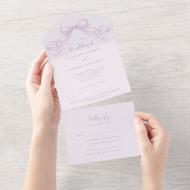 Romantic Sketched Bow | Lilac Wedding Of  All In One Invitation (Tearaway)