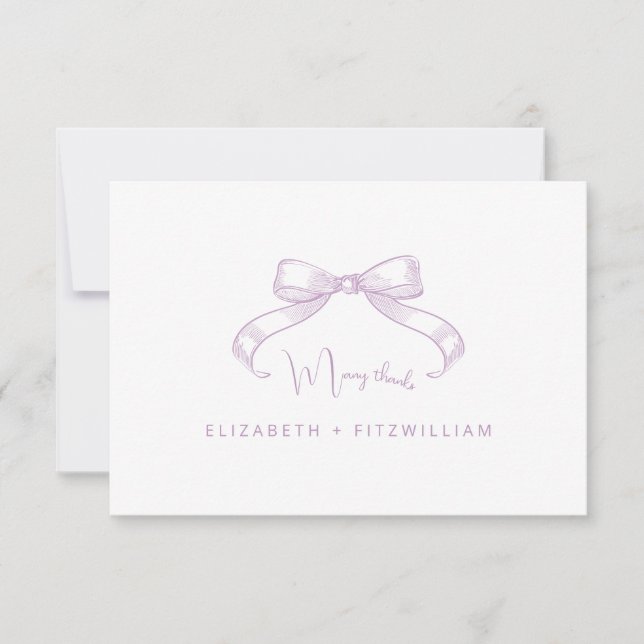 Romantic Sketched Bow | Lilac Wedding Thank You Card (Front)