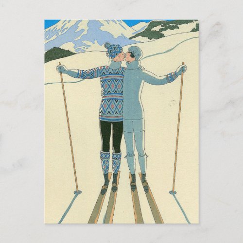 Romantic Skiers in Blue Postcard