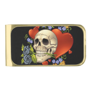Romantic Skull Skeleton with Hearts and Flowers Gold Finish Money Clip