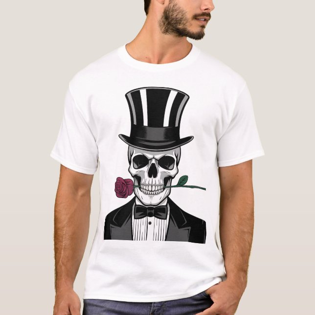 Romantic Skull with Rose - Dapper Halloween Design T-Shirt (Front)