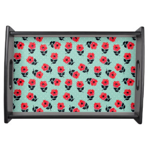 Romantic Small Red Flowers Mint Blue Pattern Serving Tray