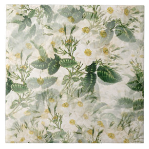 Romantic Smooth White Flowers and Green Leaves Ceramic Tile