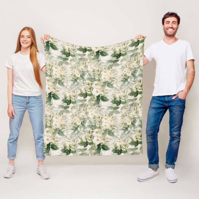 Romantic Smooth White Flowers and Green Leaves Fleece Blanket (In Situ)