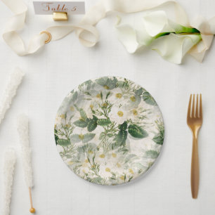 Romantic Smooth White Flowers and Green Leaves Paper Plates