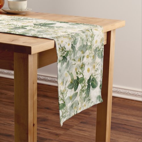 Romantic Smooth White Flowers and Green Leaves Short Table Runner