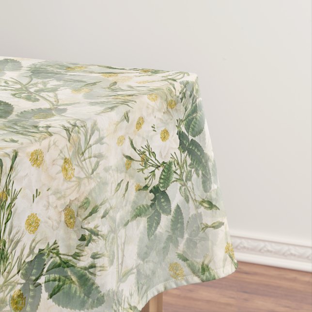 Romantic Smooth White Flowers and Green Leaves Tablecloth (In Situ)