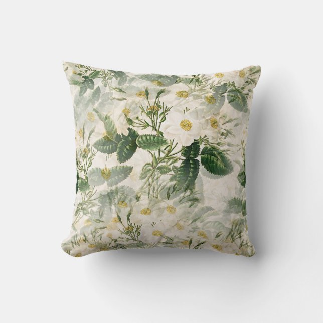 Romantic Smooth White Flowers and Green Leaves Throw Pillow (Front)