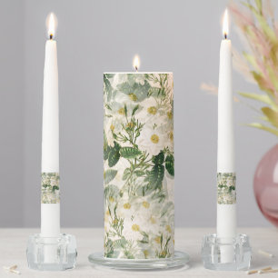 Romantic Smooth White Flowers and Green Leaves Unity Candle Set